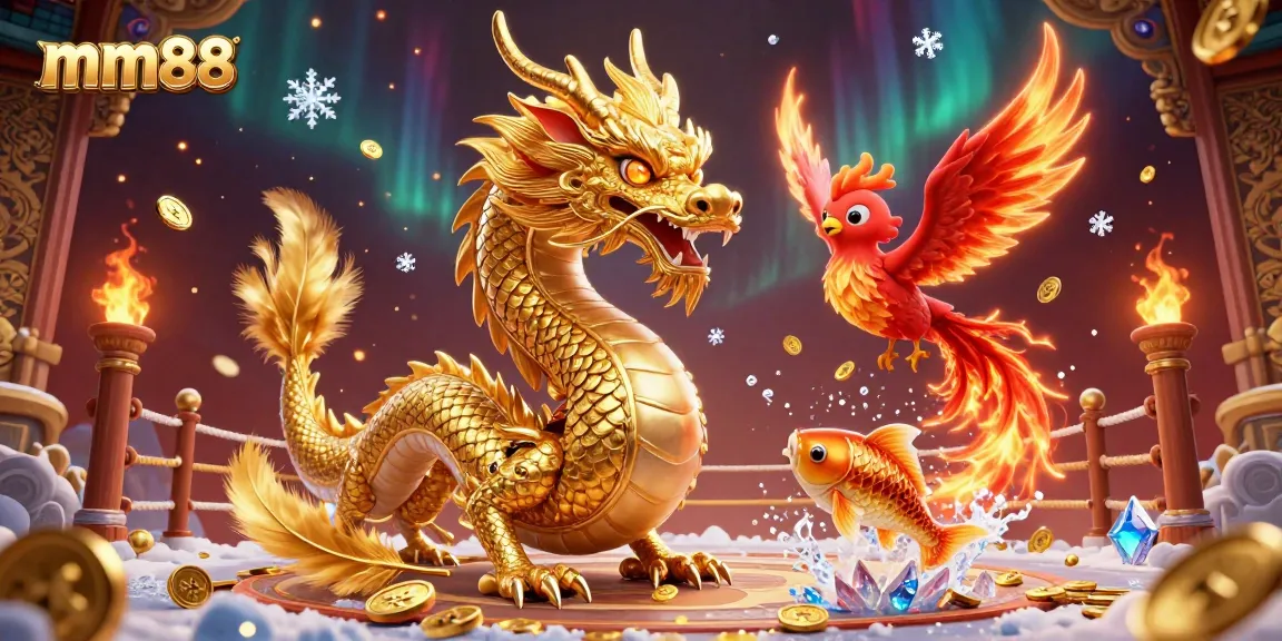 Win big at mm88 with a vibrant 3D casino illustration featuring a golden dragon and lucky koi fish!