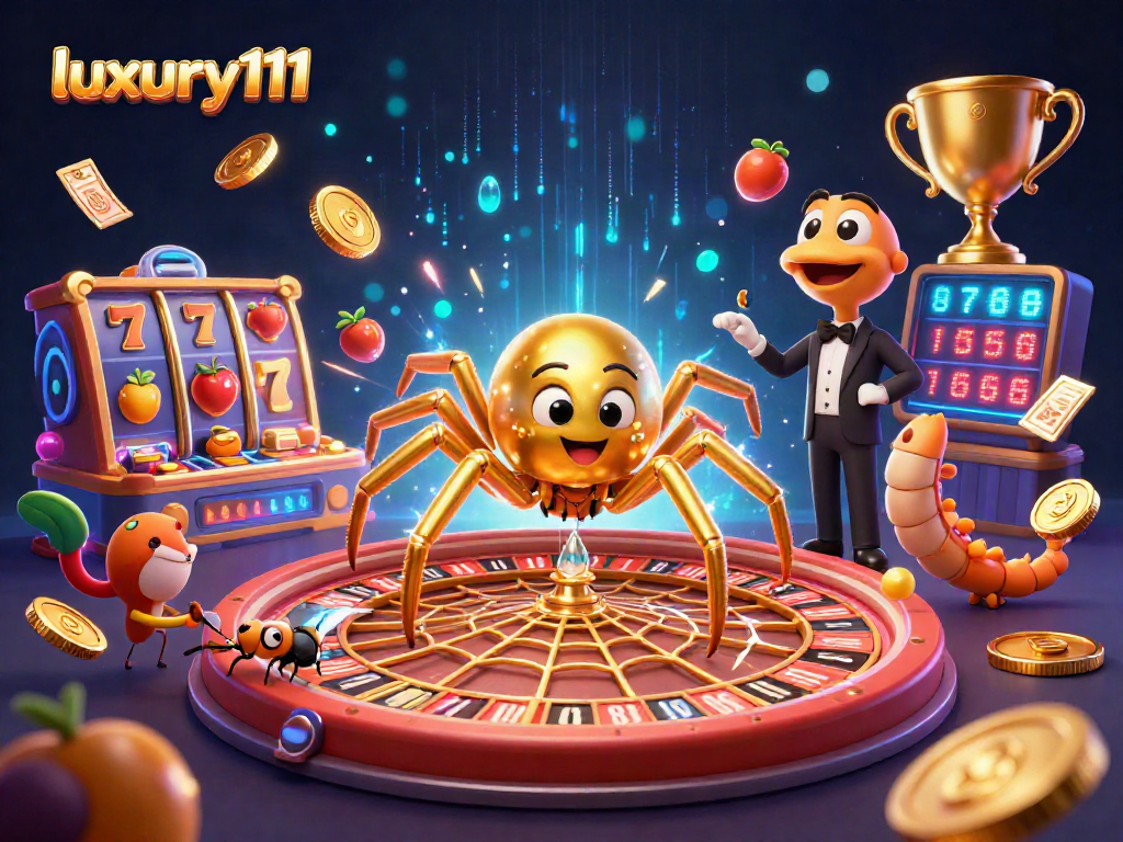 Bet on slot games with luxury111 in a vibrant casino-themed 3D illustration featuring animated characters.