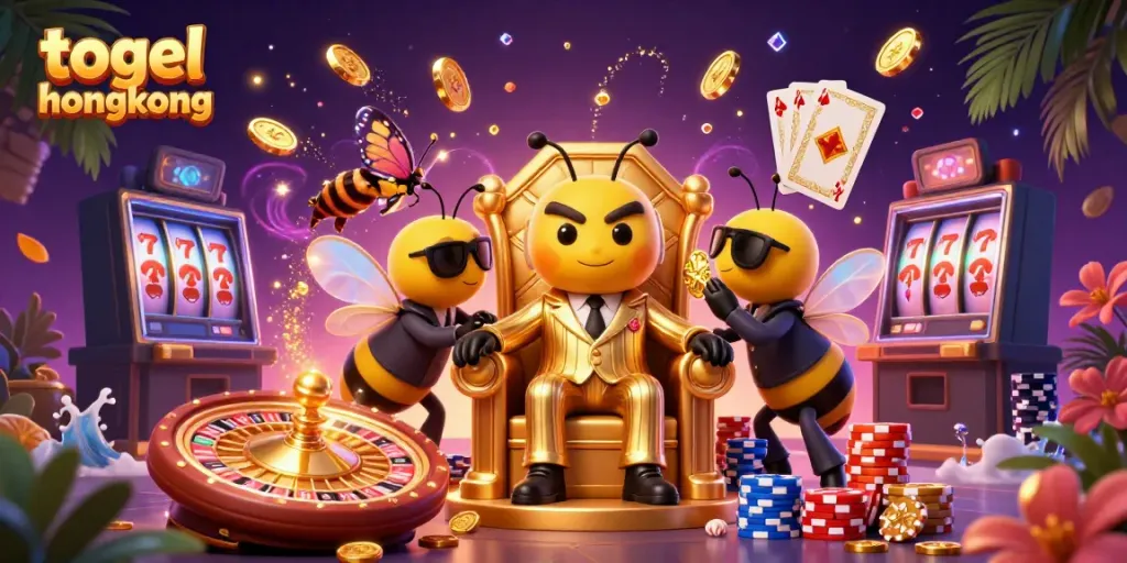 Visualisasi togel hongkong yang menarik dengan karakter kartun mengelilingi simbol permainan kasino