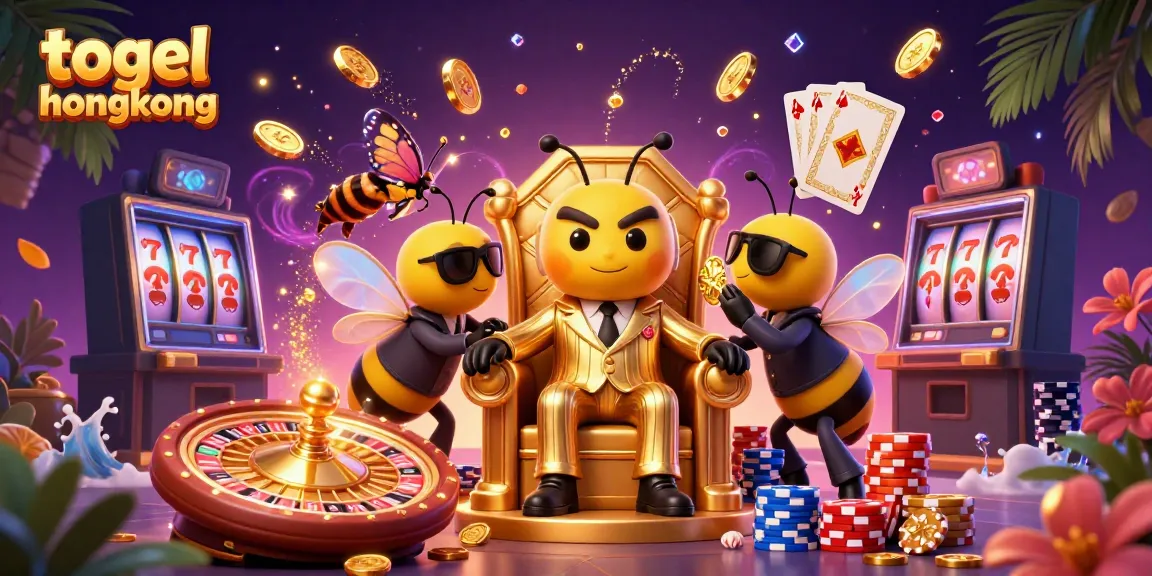 Visualisasi togel hongkong yang menarik dengan karakter kartun mengelilingi simbol permainan kasino