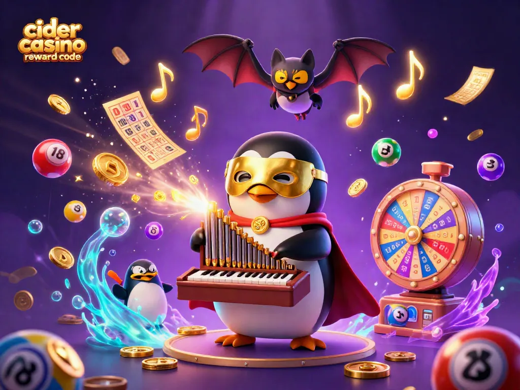 Cider casino reward code illustrated with a penguin organist and acrobat bat in a vibrant casino scene
