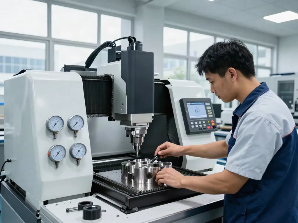 Precision CNC machining supplier technician operating a milling machine in a high-tech workshop.