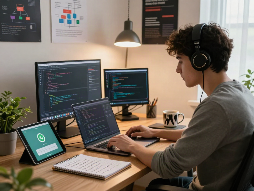 Engaged software developer exploring gb WhatsApp features in a cozy home office environment.