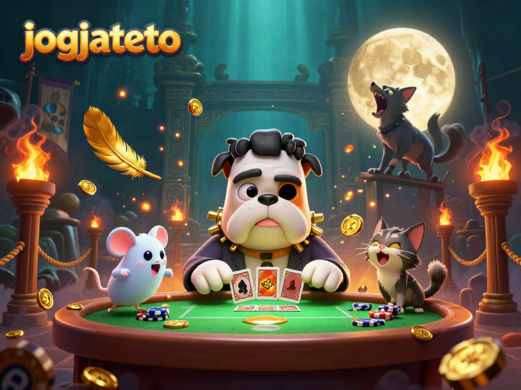 Experience the thrill of jogjatoto with a cartoon bulldog dealer at a spooky gaming table surrounded by enchanting elements.