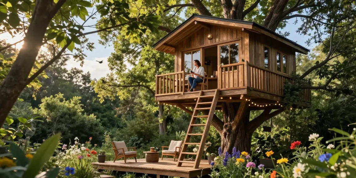 Luxury treehouses in a serene forest setting with morning sunlight filtering through trees.