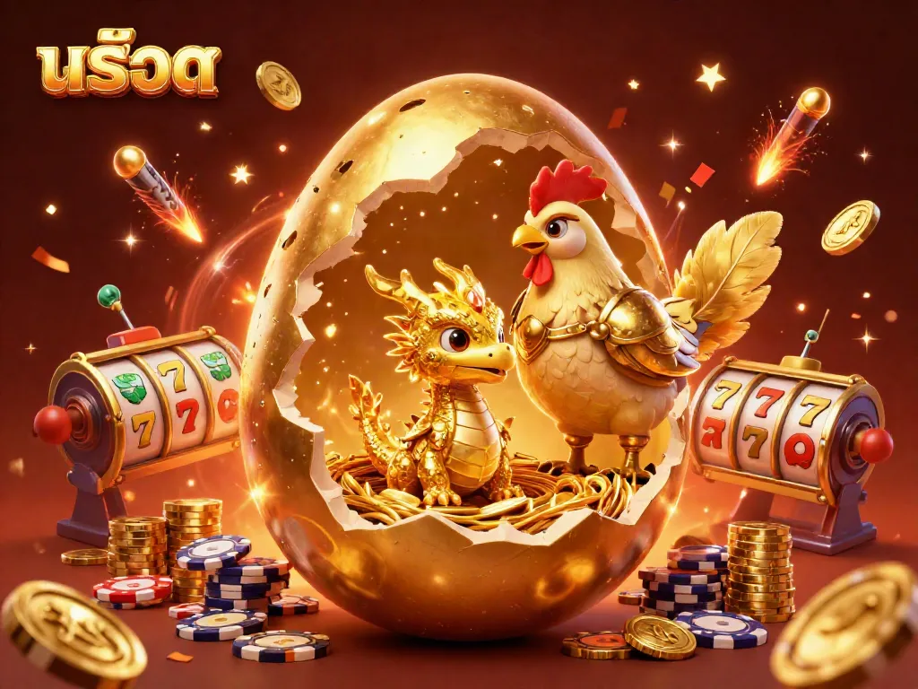 Experience the excitement of สล็อต with a golden baby dragon and vibrant slot elements in a dynamic casino scene.