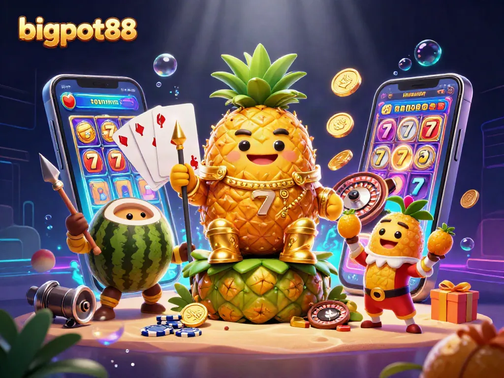 Bigpot88 menghadirkan simbol jackpot yang bersinar dan kemewahan kasino dalam ilustrasi 3D menakjubkan.