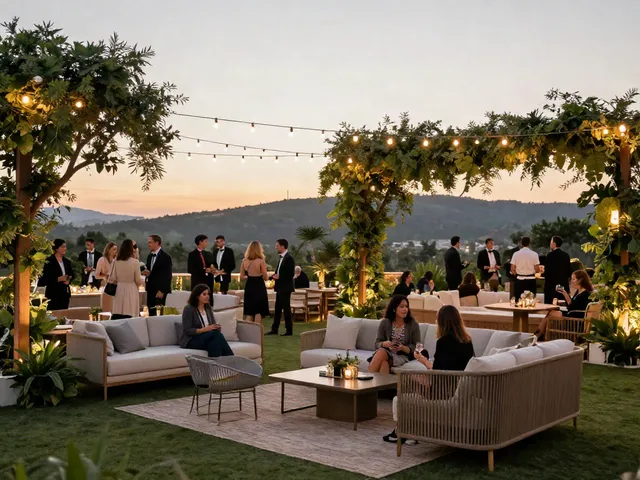Event furniture rental beautifully arranged for an outdoor evening gathering