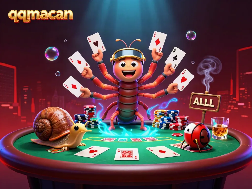 Experience vibrant casino action with qqmacan featuring a millipede dealer, a snail high-roller, and exciting poker elements.