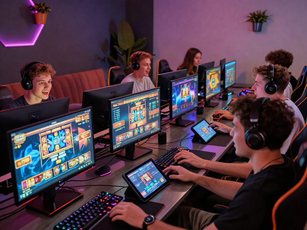 PESGSLOT players enjoying an exciting online gaming experience in a modern lounge.