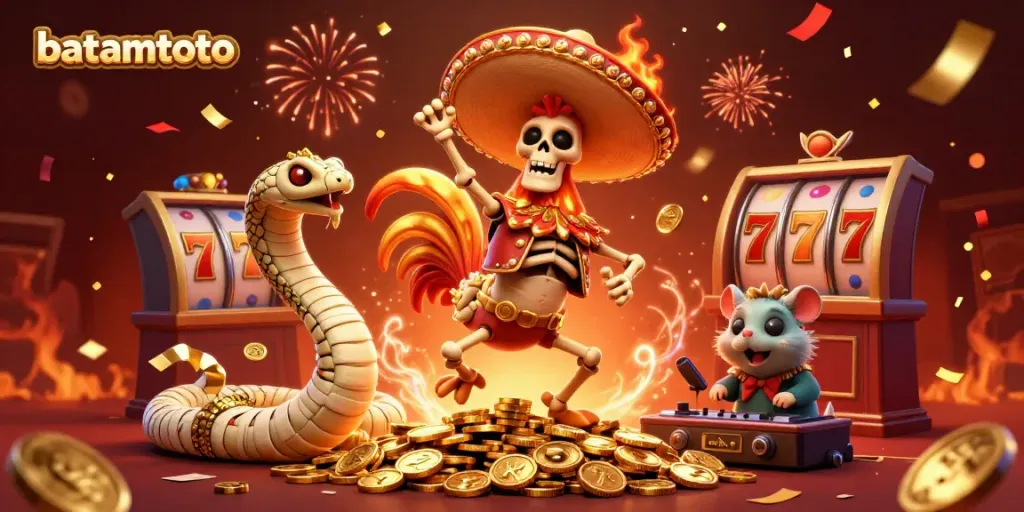 Experience the thrill of batamtoto with a vibrant scene featuring a skeleton rooster, mummy snake, and zombie DJ celebrating on a pile of coins.