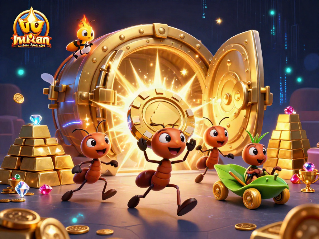Action-packed scene with ants stealing a giant poker chip, highlighting ty le keo nha cai and casino dynamics.