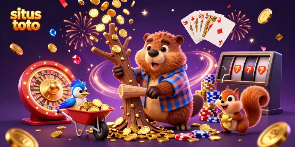 Experience winning thrills with situs toto as a cartoon beaver chops a tree showering golden coins amidst vibrant casino elements.