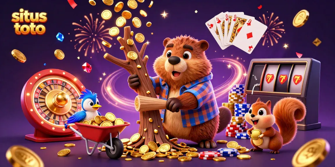 Experience winning thrills with situs toto as a cartoon beaver chops a tree showering golden coins amidst vibrant casino elements.