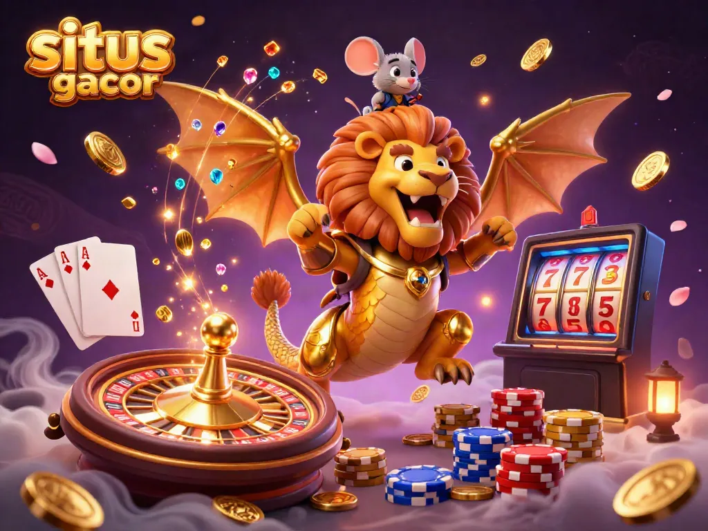 Slot gacor tampil dengan karakter chimera megah dan permainan kasino, menghadirkan suasana keberuntungan.