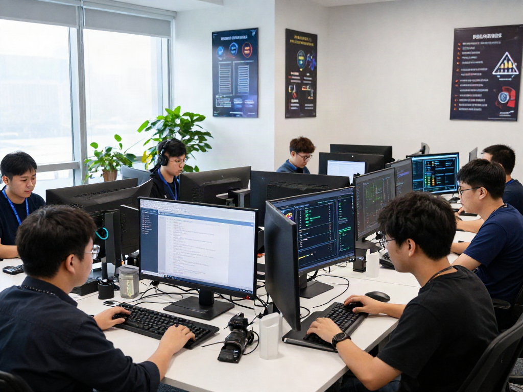 Team of cybersecurity experts ensuring 먹튀검증 in online gaming with data analysis at modern office.
