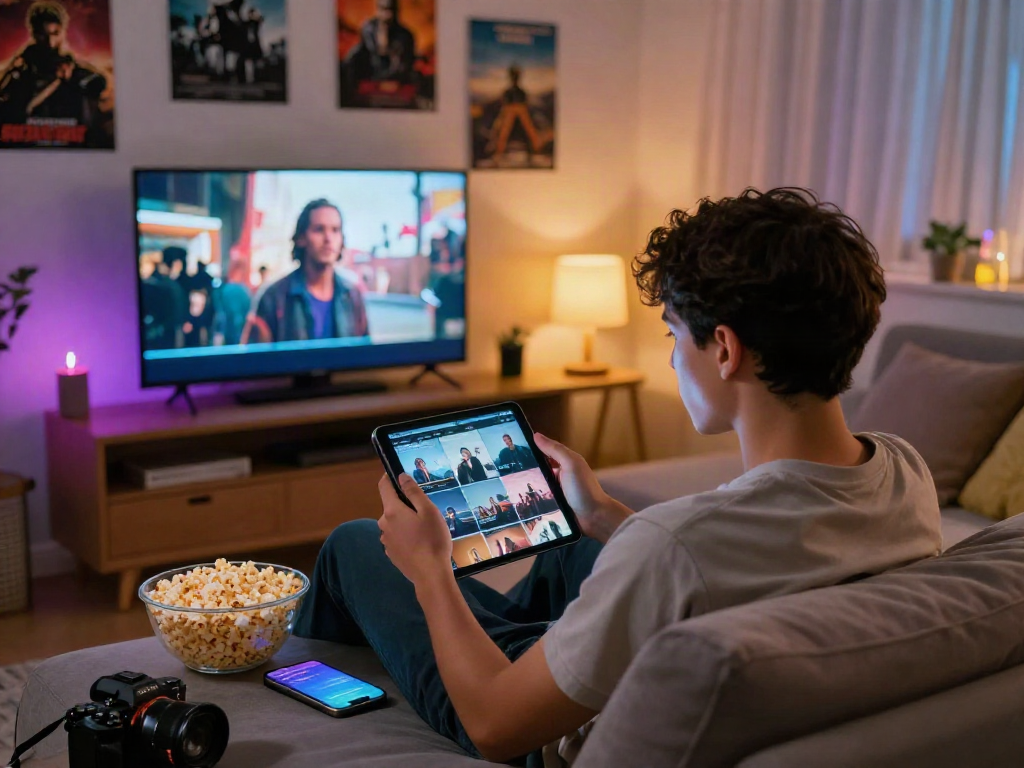 Enjoy filmyzilla download on a tablet in a cozy living room filled with movie posters and warm lights