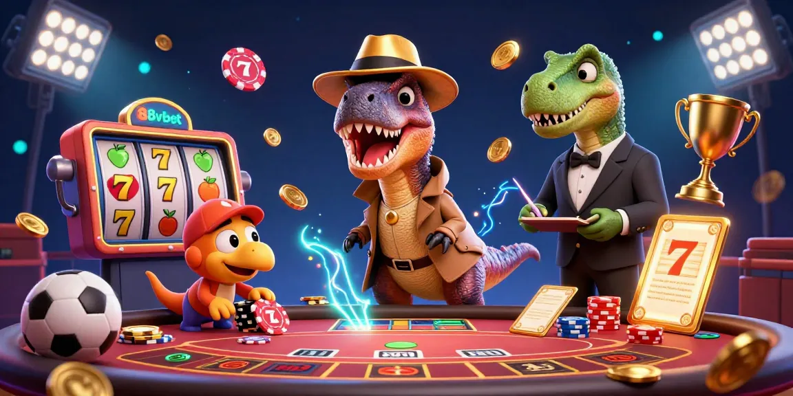 Engage with 88vbet's vibrant casino scene featuring a velociraptor card counter and stegosaurus pit boss.