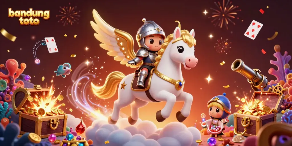 Engage in thrilling gaming adventures with bandung toto as a knight rides a celestial horse amidst vibrant treasures