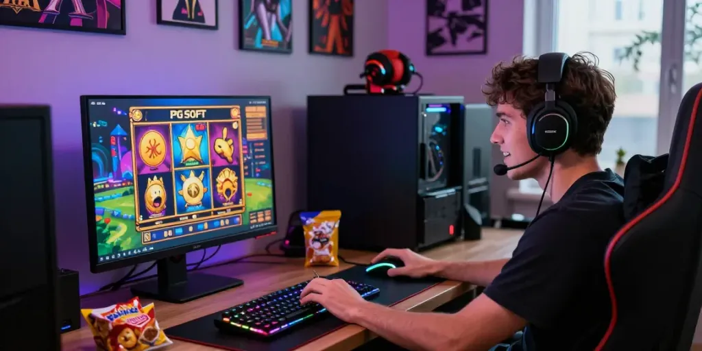 Exciting online gaming setup featuring slot thailand gameplay on a vibrant monitor with immersive graphics.