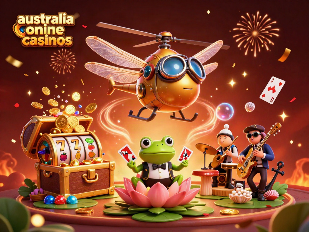 Engage with exciting australia online casinos through vibrant characters and scenes, showcasing games and bonuses.