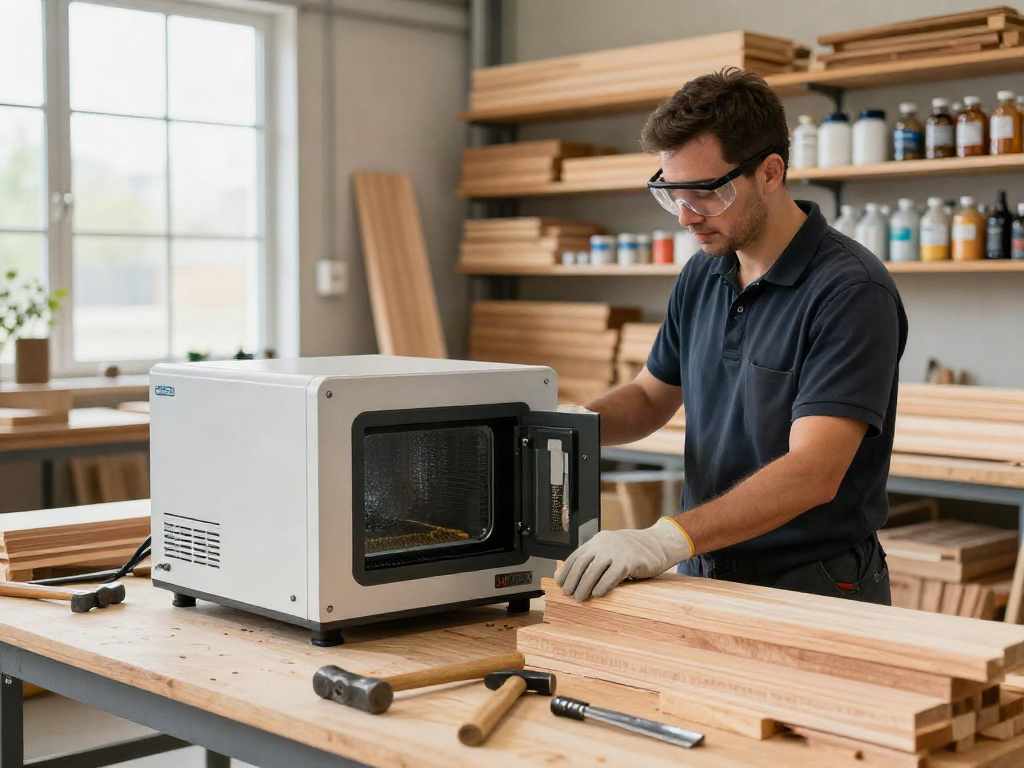SHASHEL® technician using advanced microwave equipment for eco-friendly wood treatment.