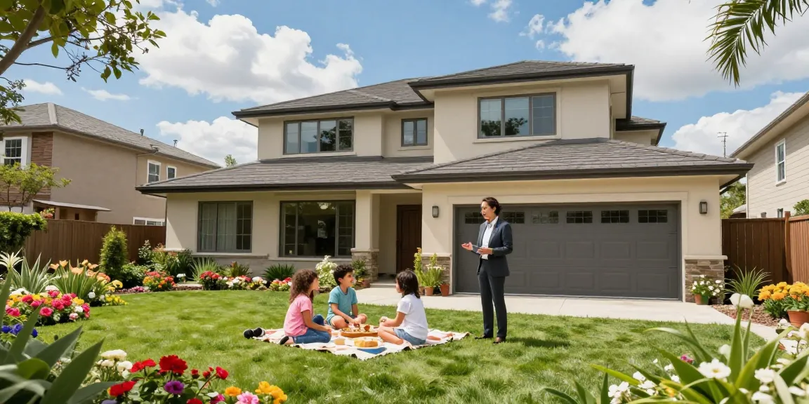 Modern property showcasing a family exploring a vibrant garden with a real estate agent, highlighting inviting features.
