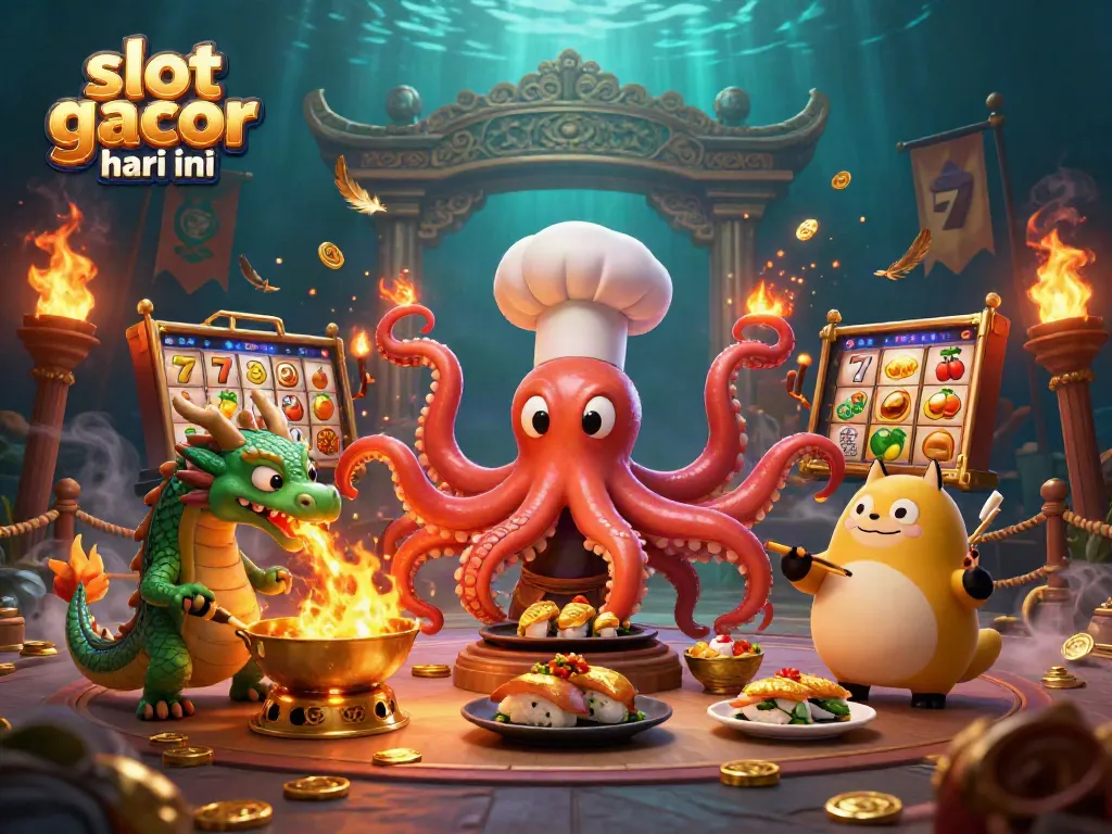 Experience slot gacor hari ini with an energetic scene depicting a sushi chef octopus and vibrant casino elements.
