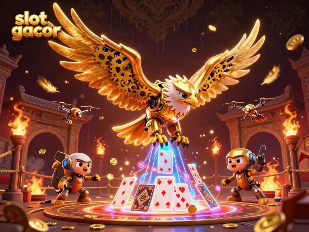 Experience thrilling slot gacor action with a dynamic 3D illustration showcasing a golden eagle diving through holographic playing cards.