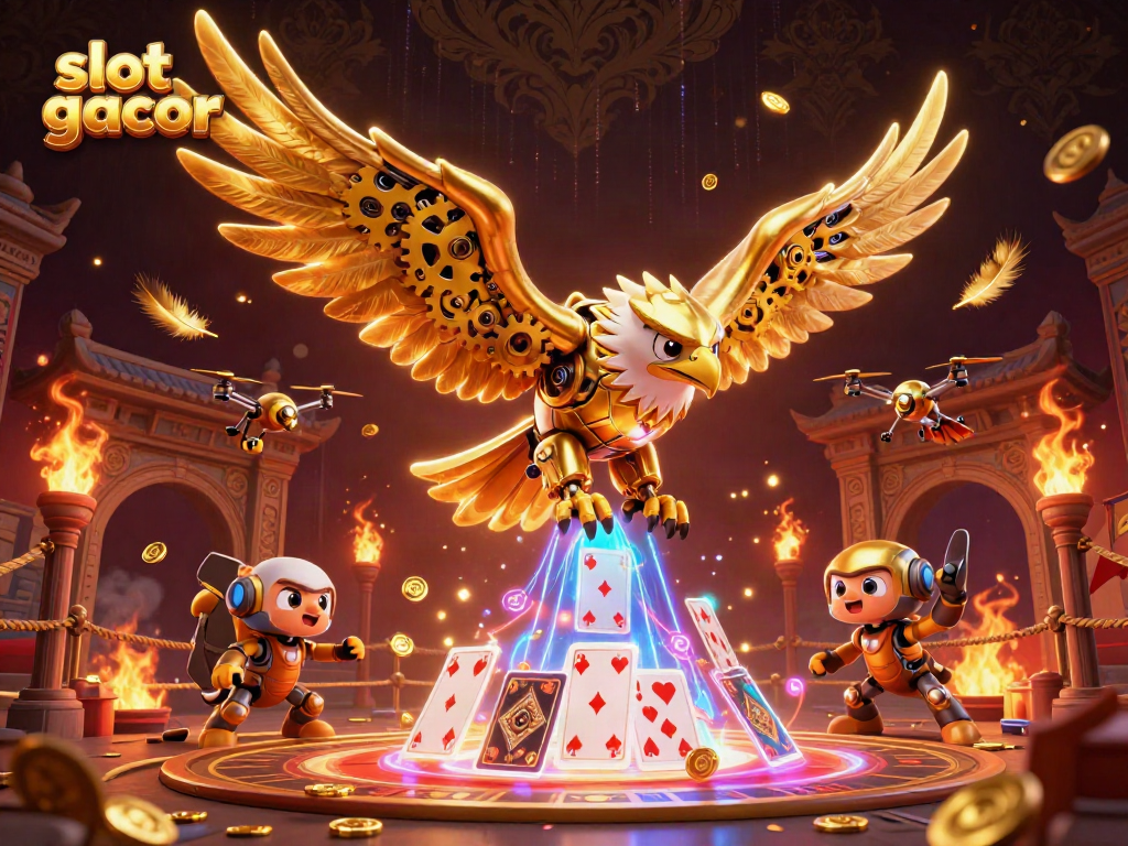 Experience thrilling slot gacor action with a dynamic 3D illustration showcasing a golden eagle diving through holographic playing cards.