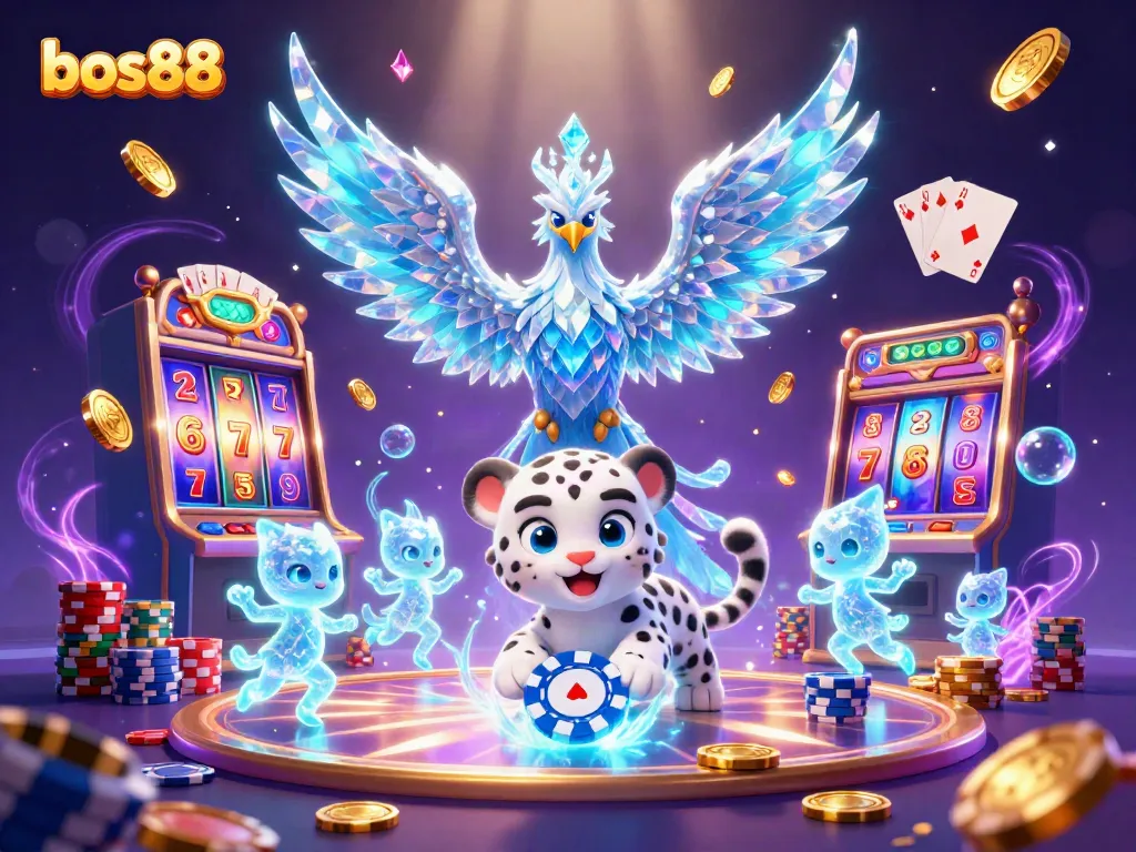 Bermain bos88 dengan simbol slot dan chip poker bersinar di latar belakang yang magis.