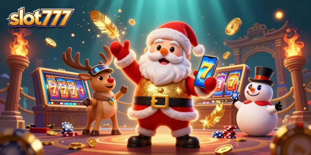 Spin to win big with slot777 in this vibrant casino scene featuring Santa and friends!