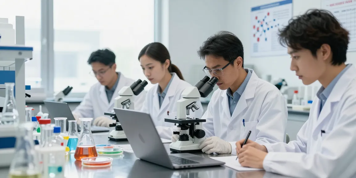 Medical researchers analyzing glp-3-rt compounds in a bright lab environment.