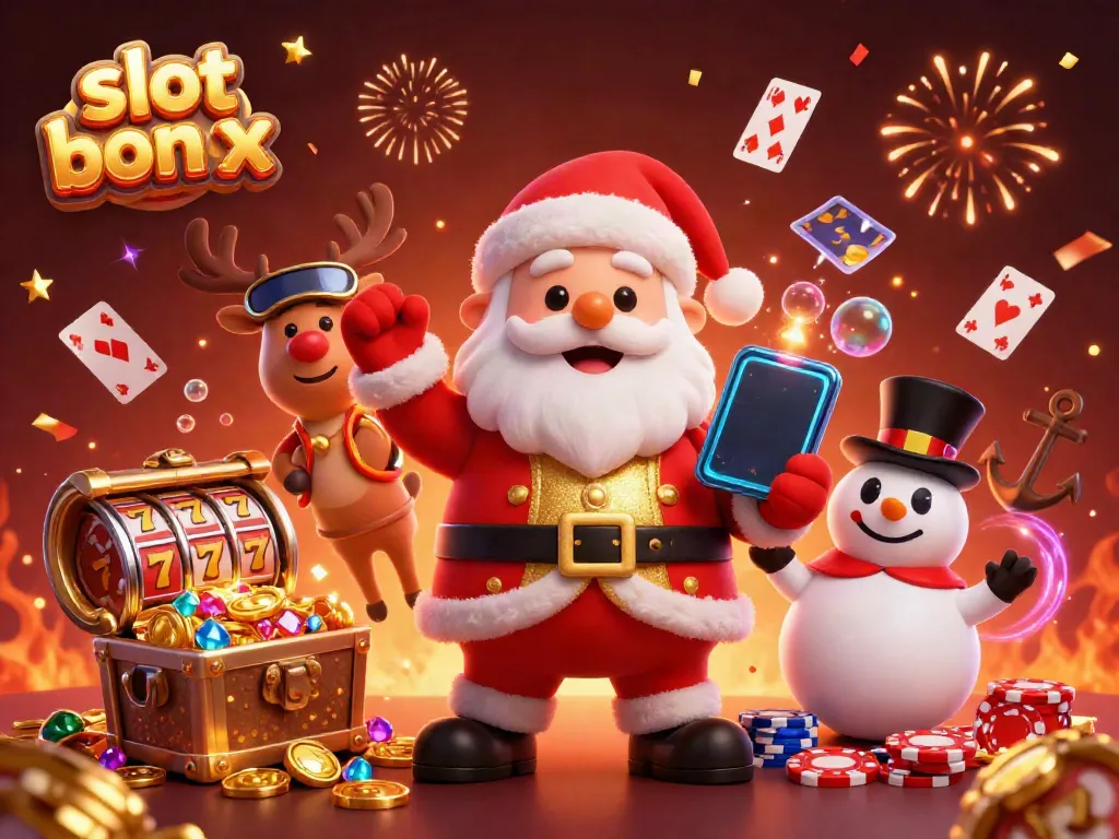 Experience thrilling slot bonuses with Santa Claus and friends in a festive casino scene.