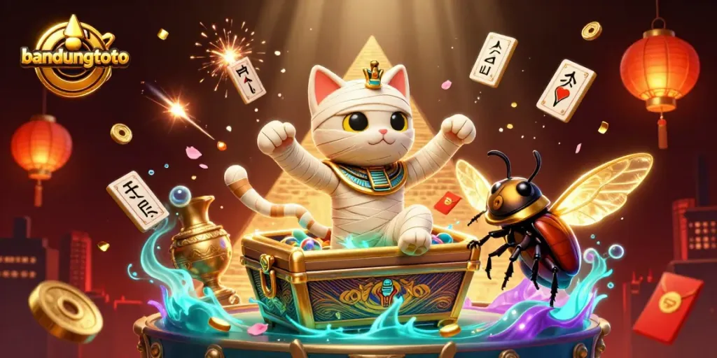 Experience thrilling play at bandungtoto with a vibrant illustration of a mummy cat and magical casino elements.