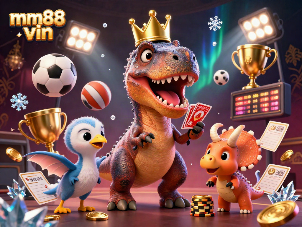 Engage with mm88 vin through a lively casino scene featuring a T-Rex and friends shuffling cards.