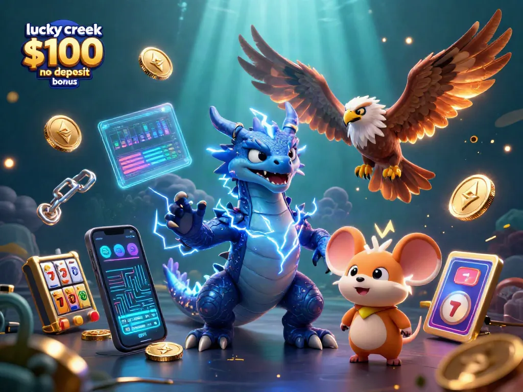 Unlock winning potential with the lucky creek $100 no deposit bonus in a vibrant casino-themed illustration.
