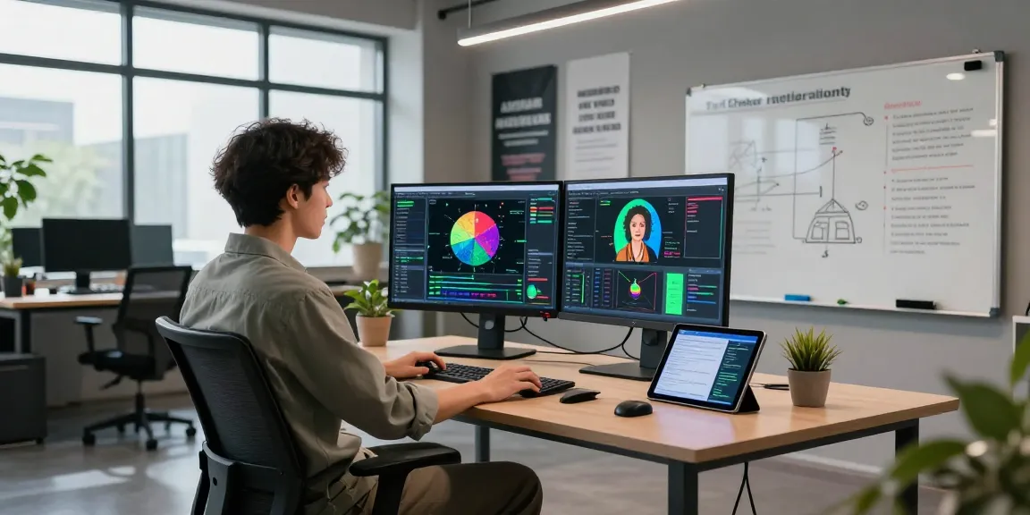 AI-Generated Image Detection analysis in a modern tech workspace with data scientist reviewing vibrant detection algorithms.