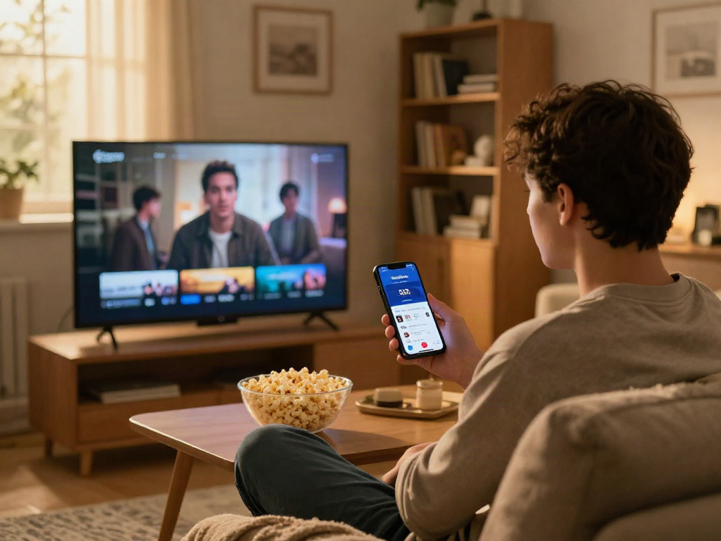 Engaging with the Moviebox app in a cozy home setting, showcasing digital entertainment.