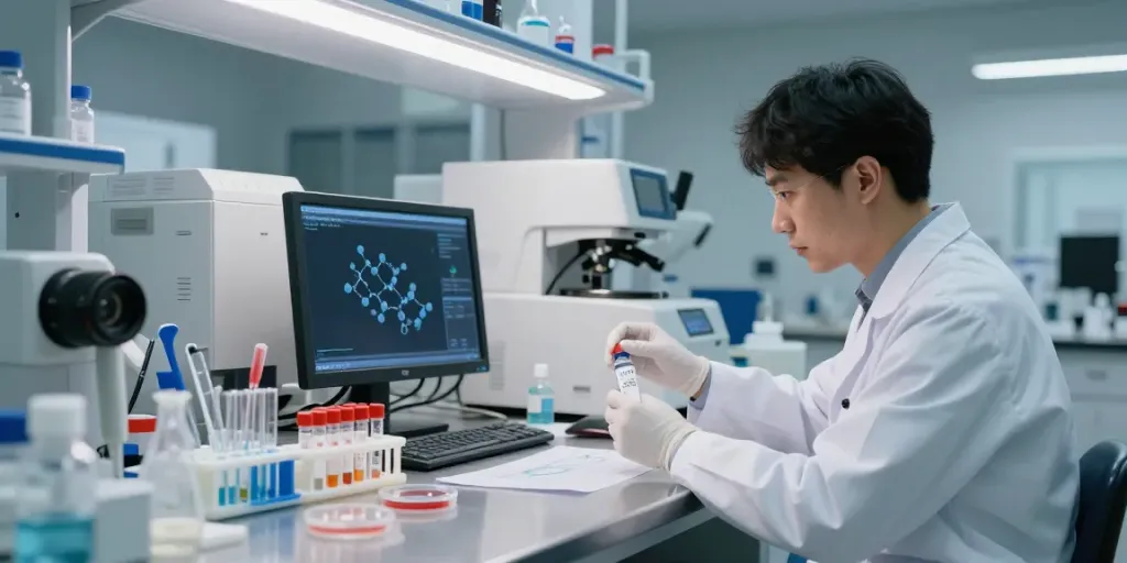 Exploring GLP-3R peptides in a vibrant lab setting with a scientist analyzing samples.