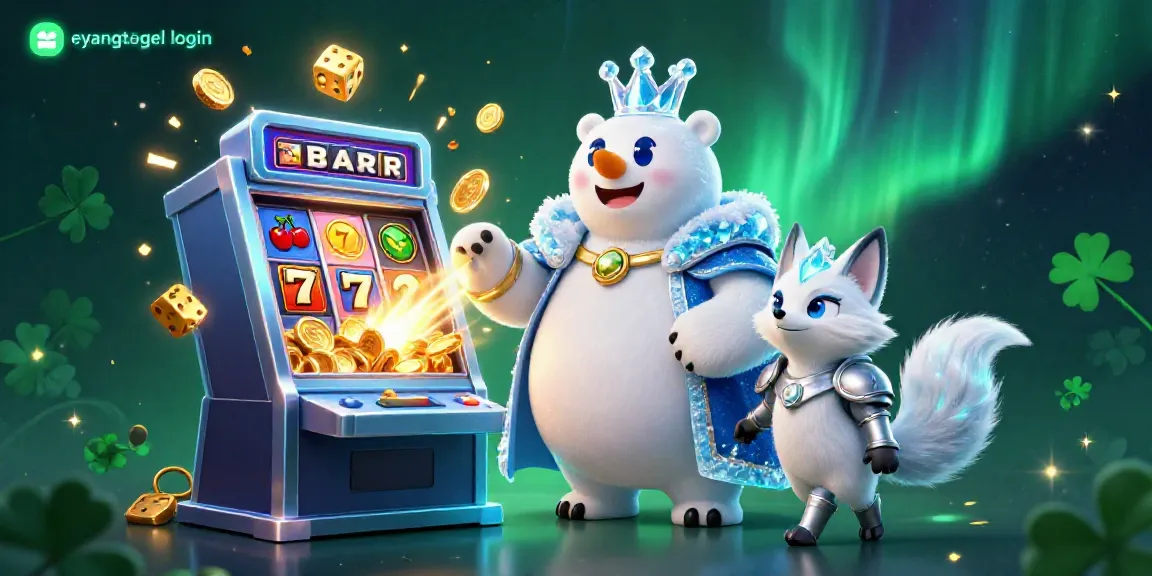 Engage with eyangtogel login showcasing a vibrant cartoon ice king polar bear and snow fox amidst an exciting casino scene with jackpot elements.