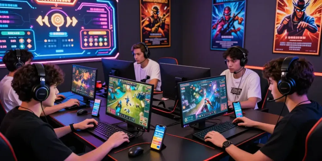 Bigdewa online gaming scene with players intensely engaged in diverse games, showcasing thrilling digital competition.