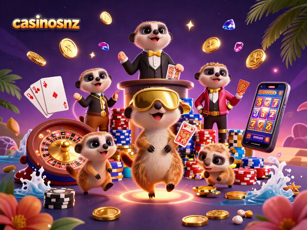 Experience excitement at casinosnz with captivating meerkat characters orchestrating a lively casino operation.