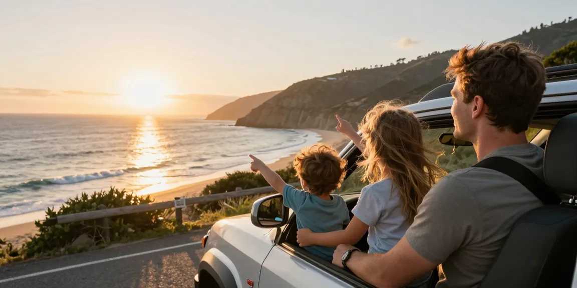Family on a scenic drive enjoying slot qris 5000 beach views at sunset.