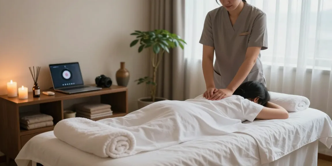 Serene 성북구출장마사지 scene showcasing a relaxing massage with essential oils and soft lighting.