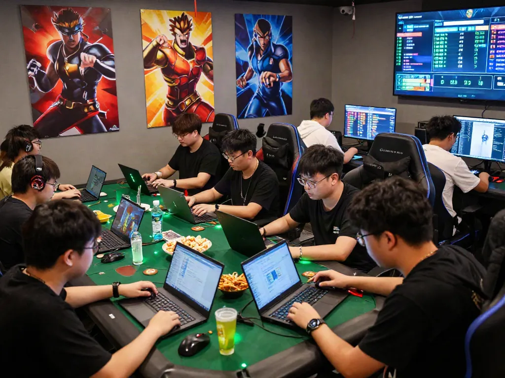 Intense QQMacan gaming session with diverse players focused on their laptops and snacks