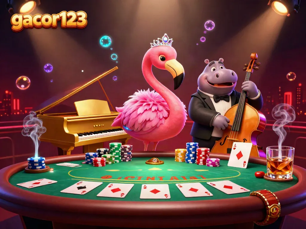 Engage in thrilling gameplay at gacor123 with our vibrant casino scene featuring a flamingo singer and hippo bassist.
