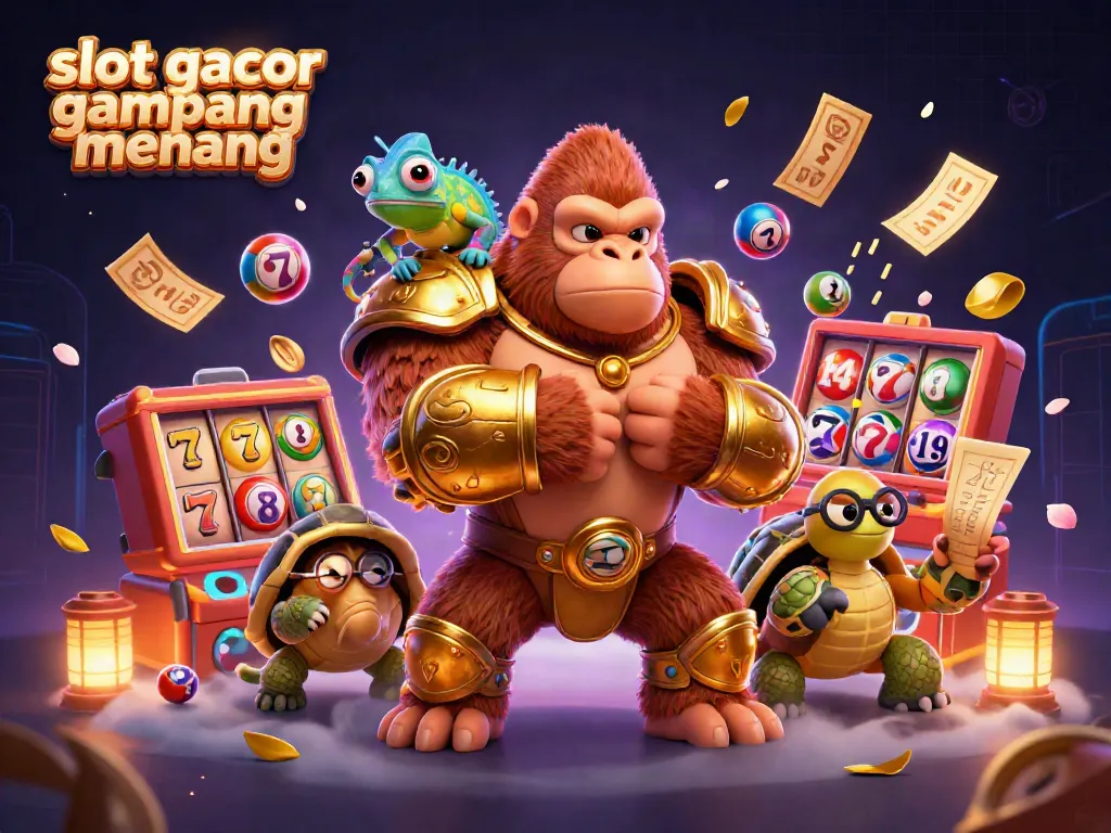 Engaging scene illustrating slot gacor gampang menang with a dynamic gorilla, chameleon, and tortoise amidst colorful game elements.