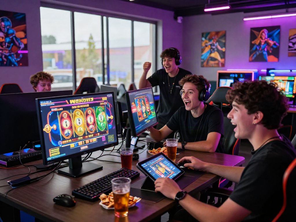 Friends enjoying an exhilarating bandar slot gaming experience on colorful virtual reels.