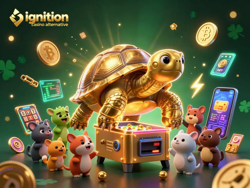 Play at the ignition casino alternative with a vibrant scene featuring golden tortoise and crypto elements.